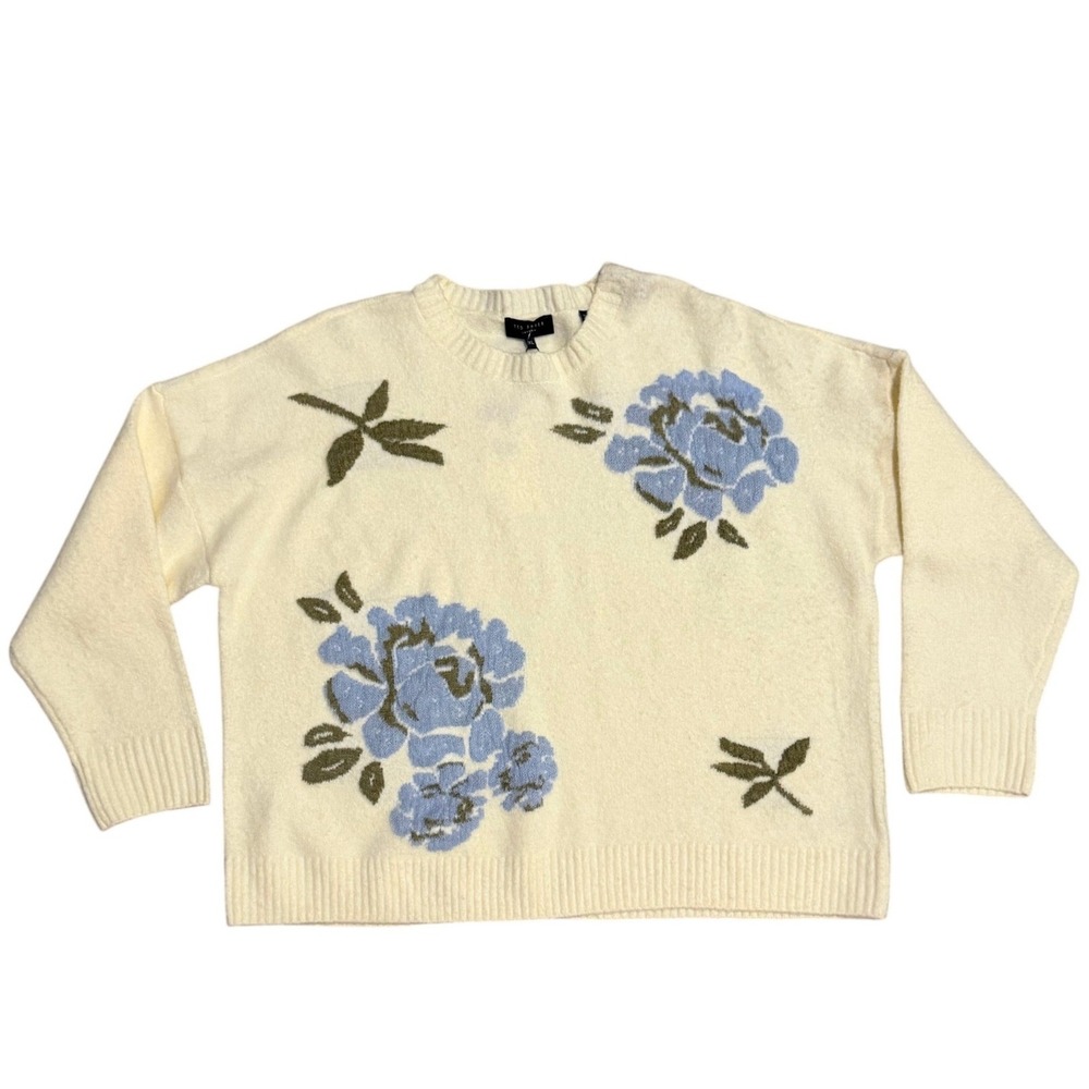NWT Ted Baker London Floral Embroidered Wool Alpaca Blend Cream Sweater Women XL